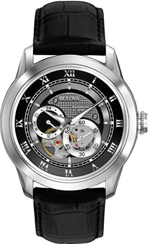 Herreklokke 96A135 Mechanical Sort/Lær Ø42 mm