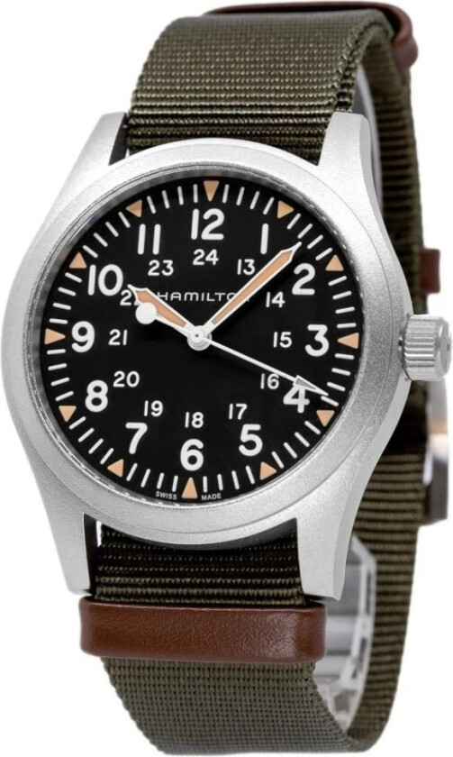Herreklokke H69529933 Khaki Field Sort/Lær Ø42 mm