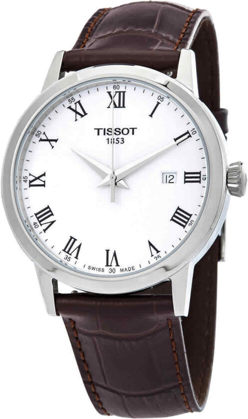 Herreklokke T129.410.16.013.00 T-Classic Hvit/Lær Ø42 mm