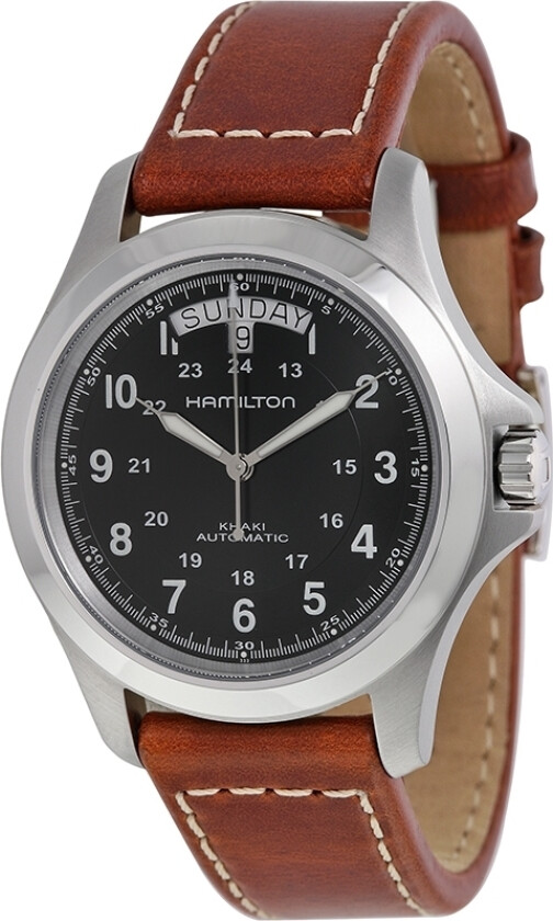 Herreklokke H64455533 Khaki Field King Automatic Sort/Lær