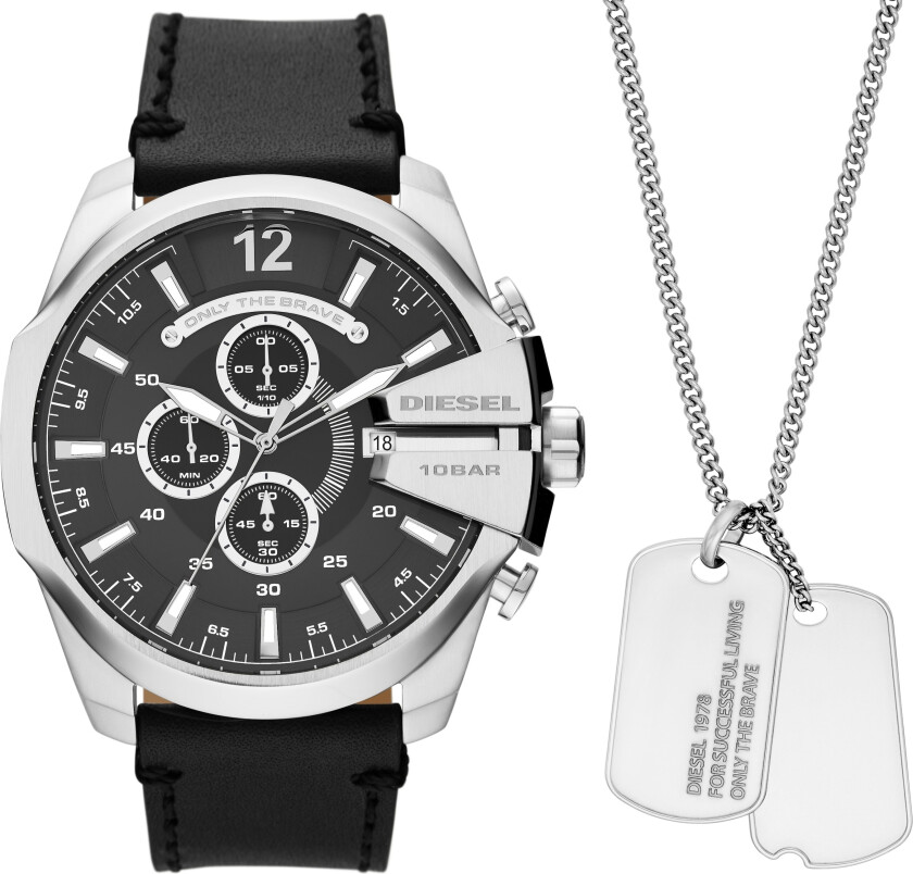 Herreklokke DZ4559 Mega Chief Sort/Lær Ø51 mm