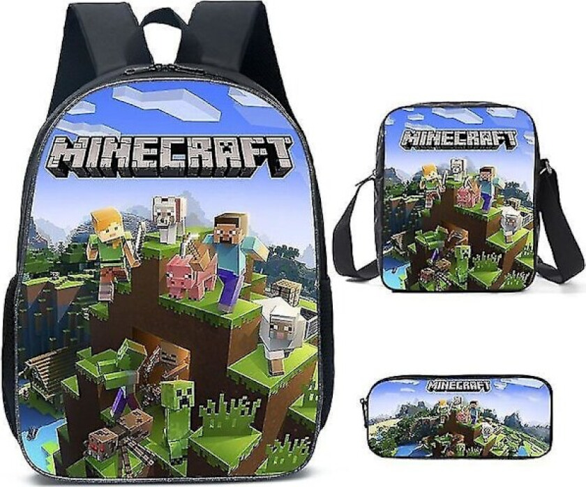 3 stk Minecraft skolesekk Ryggsekk for gutter Barn, ryggsekker med veske og penn ca. piece set