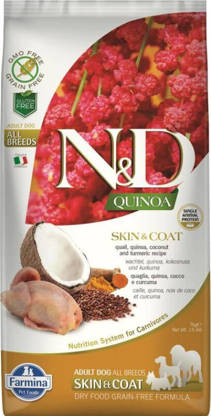 N&D Quinoa Skin & Coat Quail Adult Tørrfôr til hund 7 kg