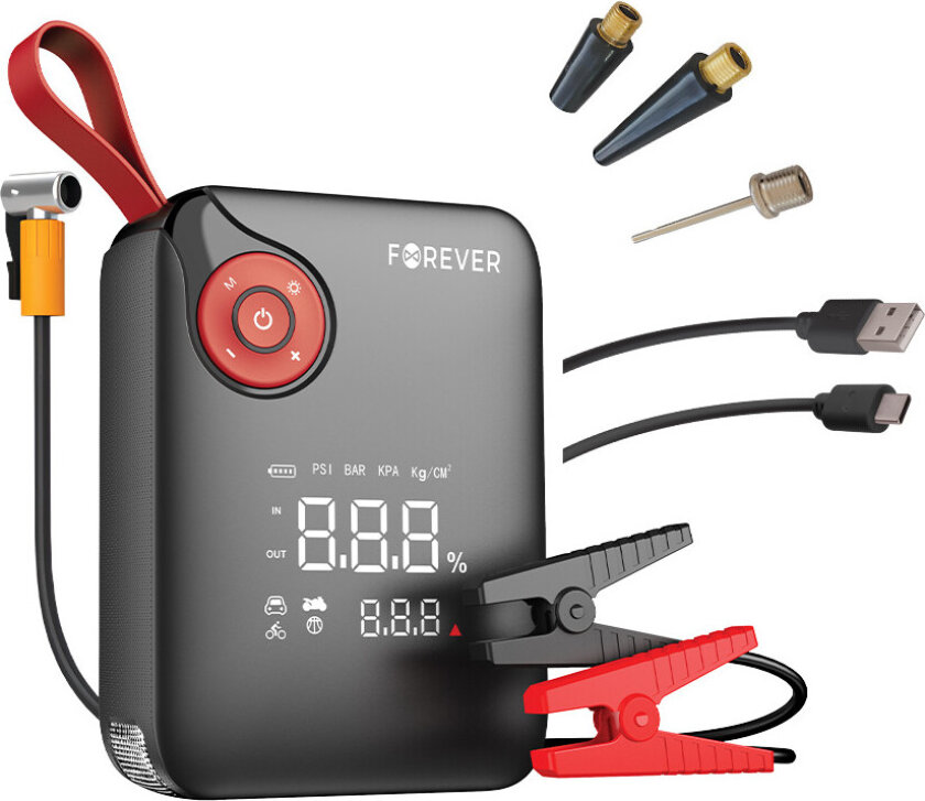 JS-400 Jumpstarter med kompressor og LED-lys - 7200mAh (svart/rød)