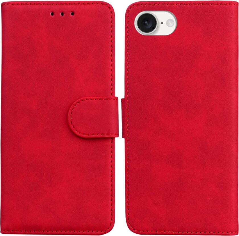 iPhone 16e Kunst Skinn Flip Deksel m. Stativ & Lommebok - Rød