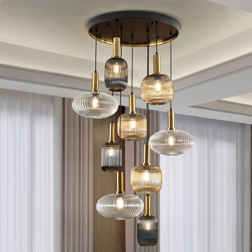 Norma pendellampe, 9-lys, rund, glass, svart/messing