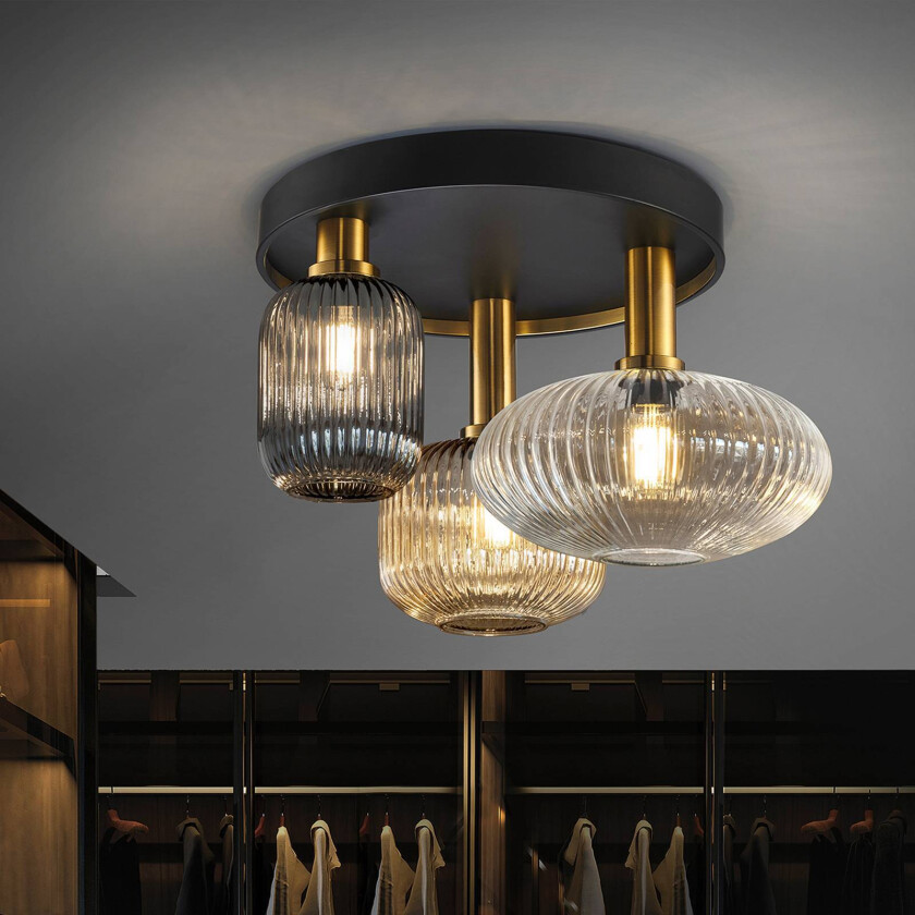 Norma taklampe, trelys, glass, svart, messing