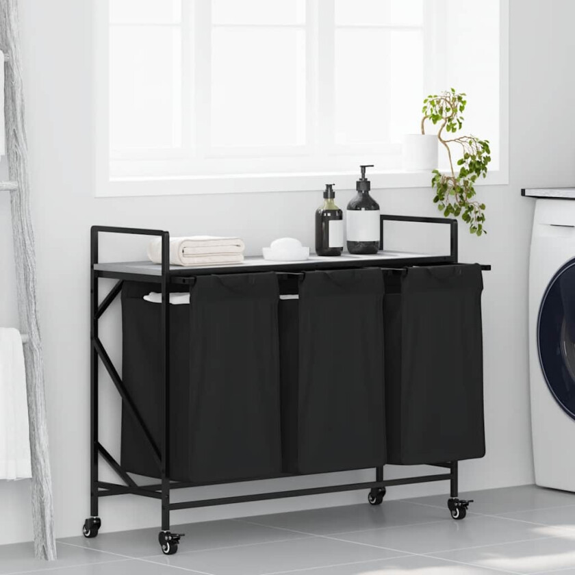 skittentøyskurv 3 rom med hjul grå eik