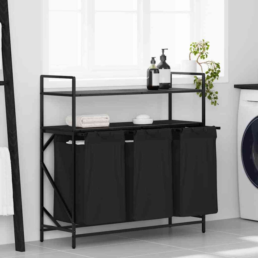 skittentøyskurv 3 rom med hyller svart eik