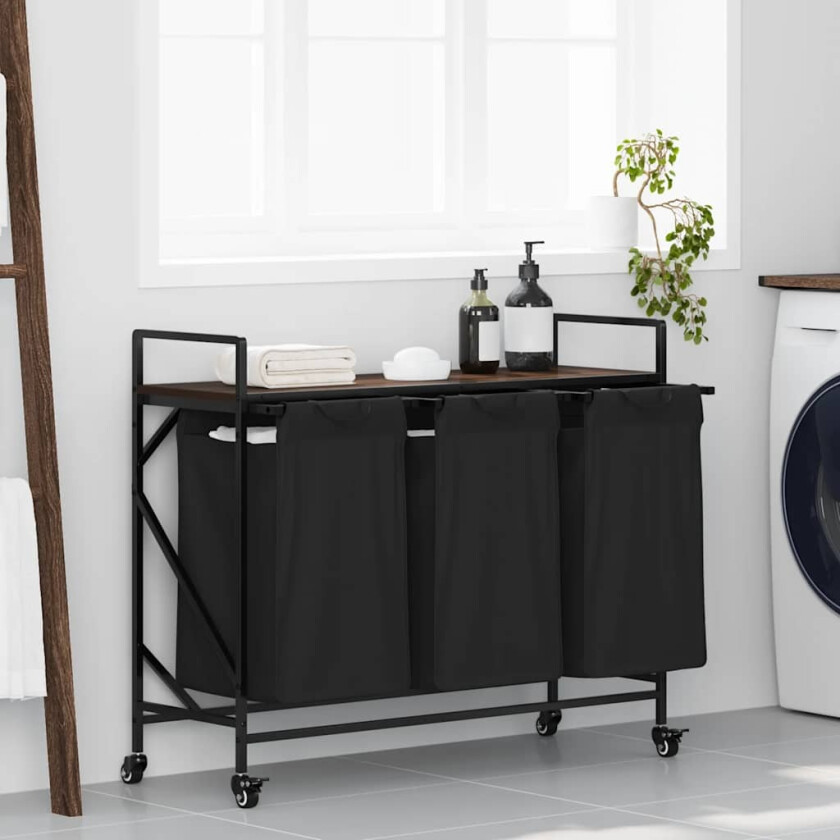 skittentøyskurv 3 rom med hjul brun eik