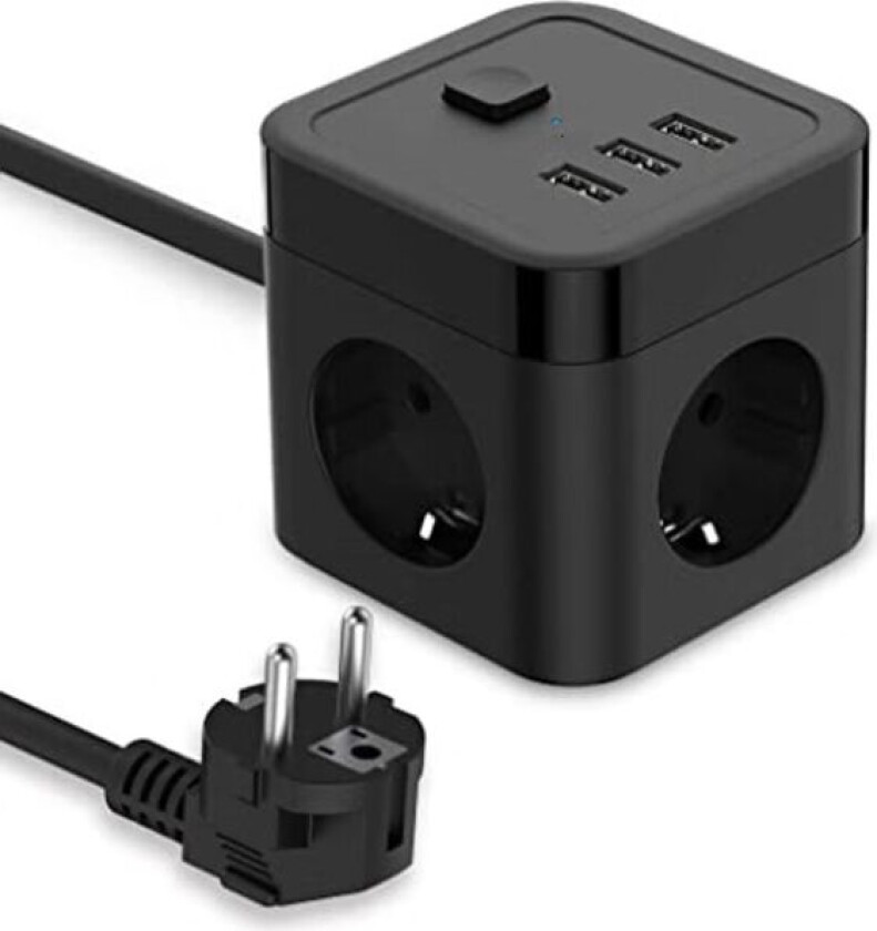 Svart, USB-strømskinne 3 stikkontakter med 3 USB-porter Reiselader (5V3.1A/15.5W) Strømskinner Overspenningsvern og Overspenningsvern med bryter 1.5m Kabel