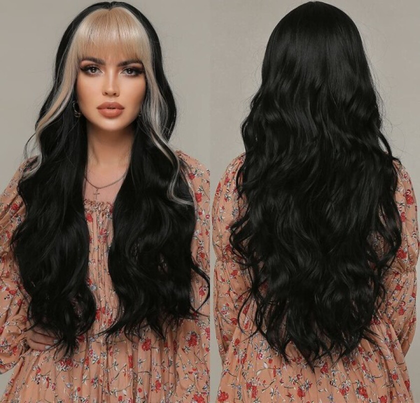 Lang bølget ombre svart parykk for kvinner blond til svart parykk med lugg naturlig syntetisk parykk med frynser blonde lugg parykker for daglig fest cosplay bruk