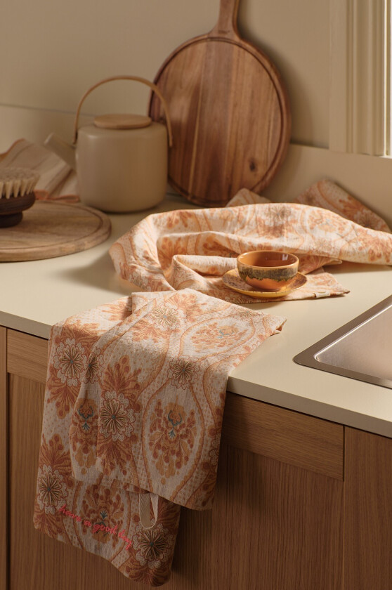 Kjøkkenhåndkle Elly Happy i resirkulert halvlinne 2-pakning - Rosa