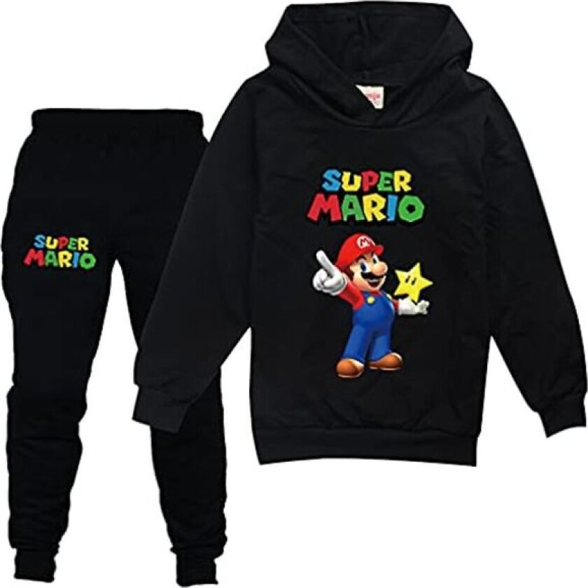 Bilde av Barn Gutter Jenter Super Mario Print Treningsdress Sett Hoodie Genser Pullover Topper Joggebukse Antrekk Black 7-8 Years