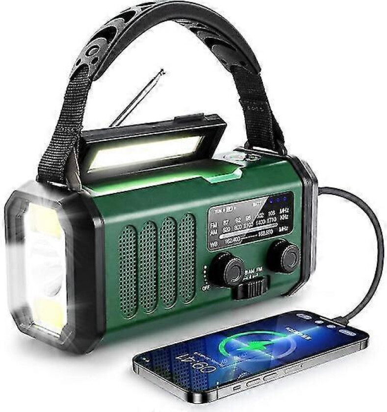 Nødradio med sveiv, solenergi og USB-lading - 10000mAh batteri - NOAA/AM/FM værradio - LED lommelykt