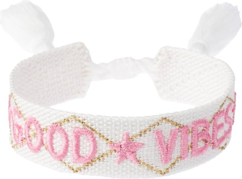 Woven Friendship Bracelet "Good Vibes" White With Bubblegum