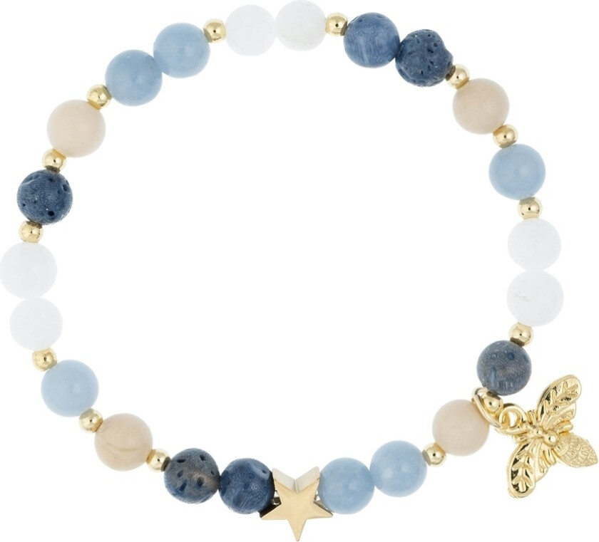 Stone Bead Bracelet 6mm With Gold Beads & Charm Blue & Sand Mix