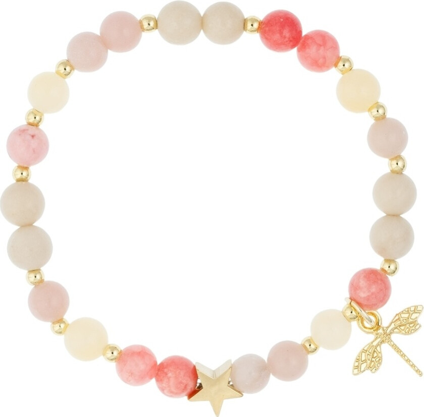 Stone Bead Bracelet 6mm With Gold Beads & Charm Pink & Yello