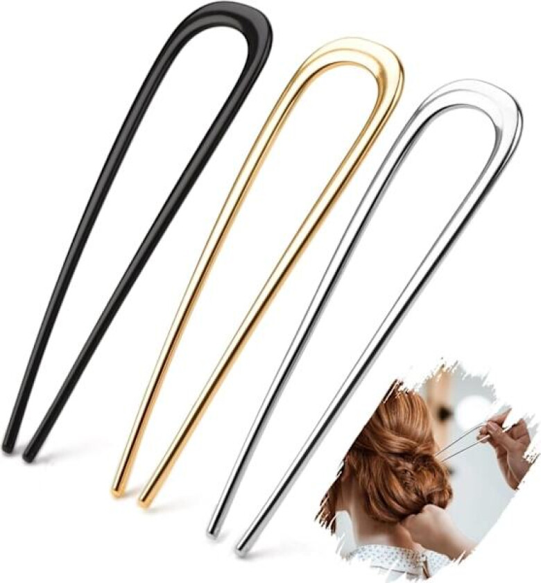 3 stk. Franske Hårnåler Metall 14cm/5.5in Fransk Nål Fransk Twist Hårnål U-formet Hårgaffel Gull Sølv Svart Hårnåler Stor Opprulling