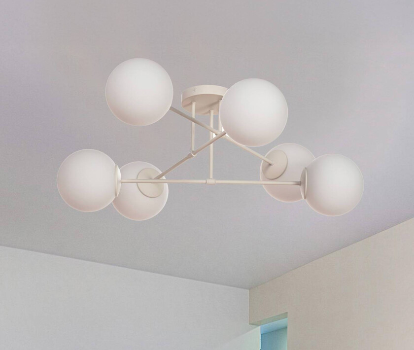 Moon taklampe, 6 lyskilder, sandfarget, metall, glass