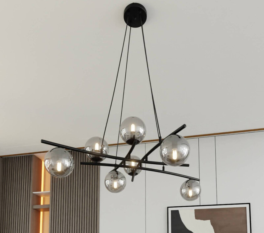 Glassy pendellampe, krysset, 8-lys, grafittglass