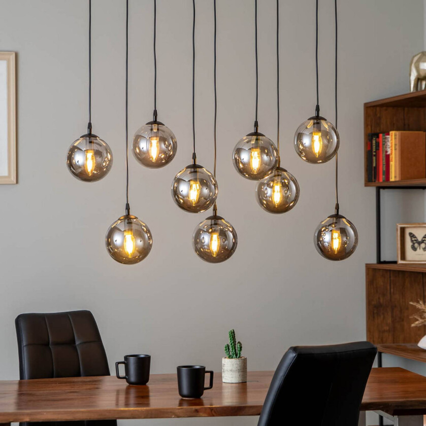 Glassy pendellampe, 9-lys, svart, grafitt, glass, E14