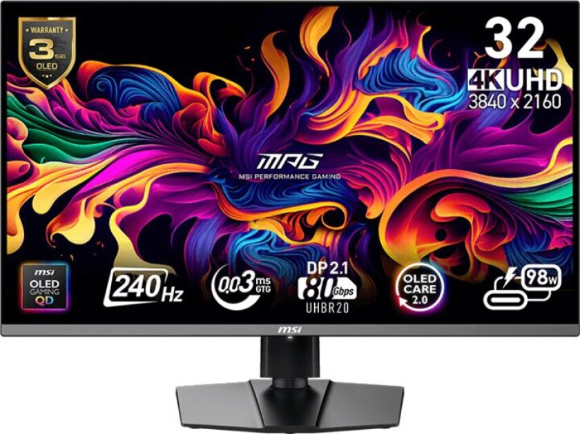 Msi Mpg 322Urxde Qd-Oled - Oled-Skjerm - Gaming - 32" (31.5" Synlig) - 3840 X 2160 Uhd @ 240 Hz - 1000 Cd/M² - 1500000:1 - Displayhdr 400 True Black