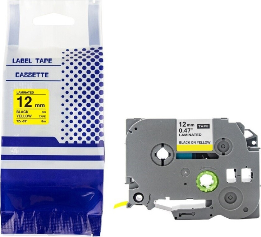 Brother Etikettape, Kompatibel, 12 mm x 8 m, Sort på Gult