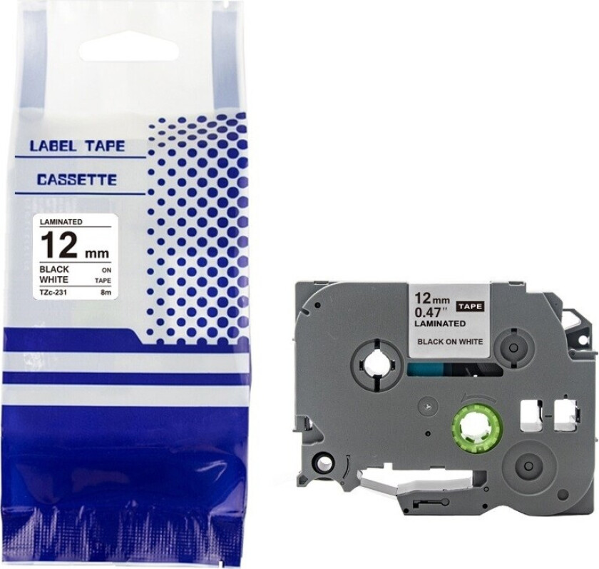 Brother Pregetape, Kompatibel, 12 mm x 8 m, Sort på Hvit