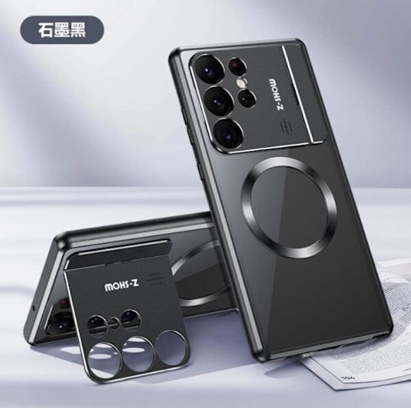 Etui til Samsung Galaxy S24 Ultra med usynlig kamerastativ, kompatibel med MagSafe, 360 graders beskyttelse magnetisk metallstøtfanger bak PC-deksel Black