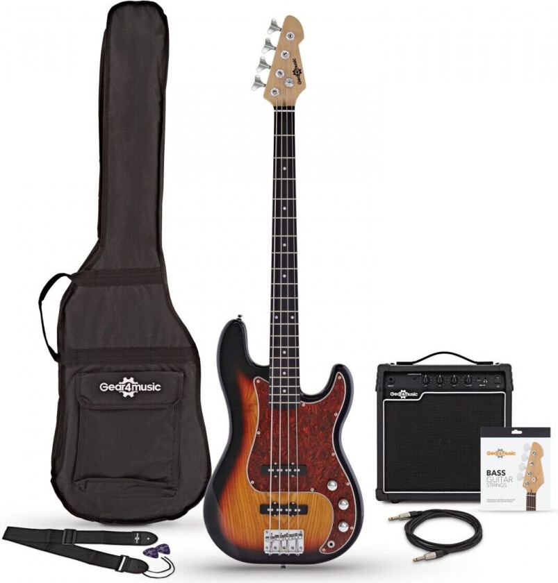 Gear4Music LA II Bassgitar  + 15W Forsterkerpakke Sunburst