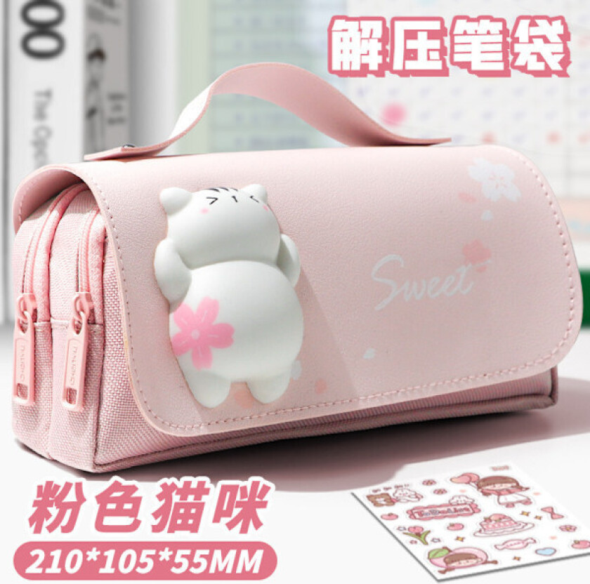 Penalhus til jenter, Kawaii penalhus med 3 rom, søt pennal til skolebarn Sponge pink