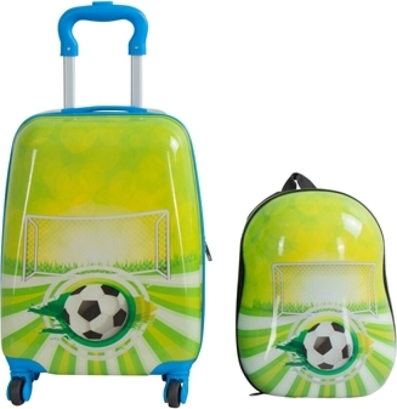 Barnekoffert - Kabinekoffert på hjul med ryggsekk - Grønn koffert med fotball - Reisesett for barn