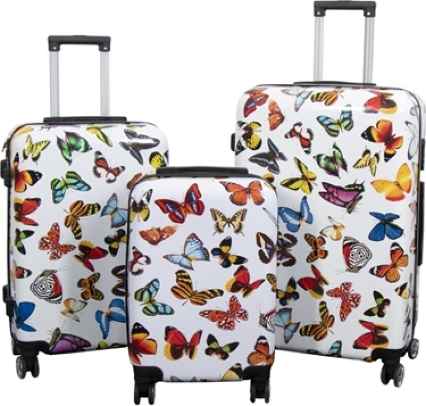 Koffertsett - 3 stk. - koffert med motiv - hvit med sommerfugltrykk - hardcase lettvektskoffert med 4 hjul