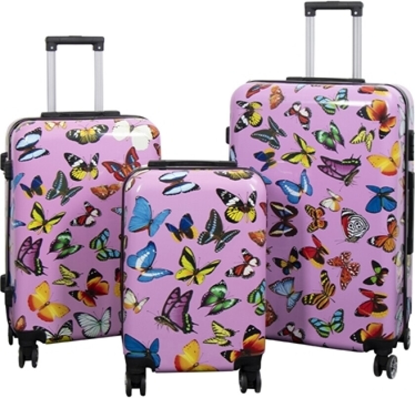 Koffertsett - 3 stk. - Koffert med motiv - Rosa med sommerfugltrykk - Hardcase lettvekt koffert med 4 hjul