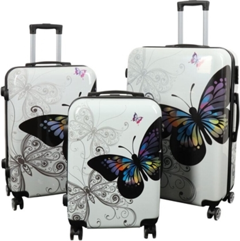 Koffertsett - 3 stk. - Koffert med motiv - Sommerfugl hvit - Hardcase lettvektskoffert med 4 hjul