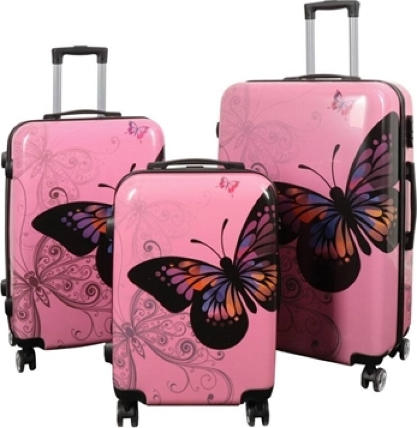 Koffertsett - 3 stk. - Koffert med motiv - Rosa sommerfugl - Hardcase lettvektskoffert med 4 hjul
