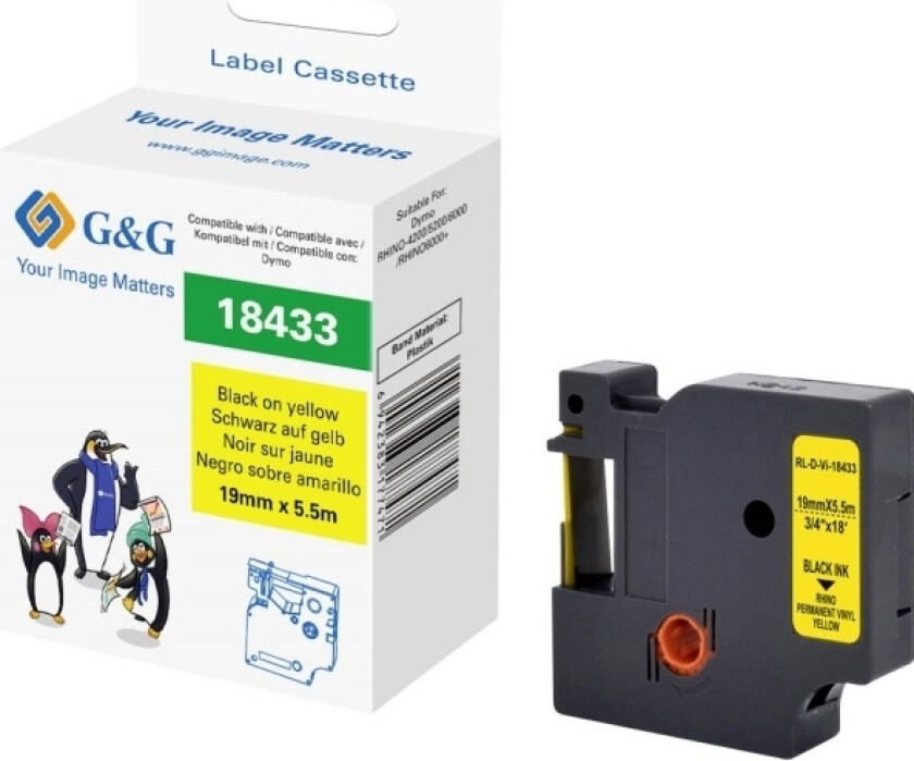 G&G Skriftbånd Vinyl Båndfarve: Gul Skriftfarve: Sort 19 Mm 5.5 M