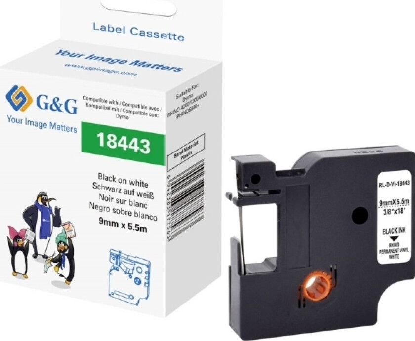 G&G Skriftbånd Vinyl Båndfarve: Hvid Skriftfarve: Sort 9 Mm 5.5 M