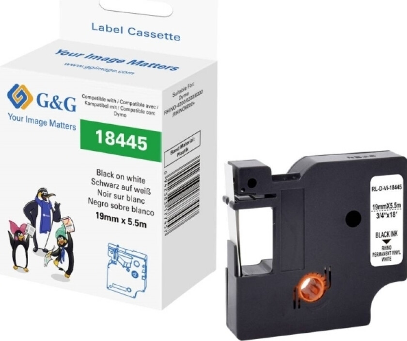 G&G Skriftbånd Vinyl Båndfarve: Hvid Skriftfarve: Sort 19 Mm 5.5 M