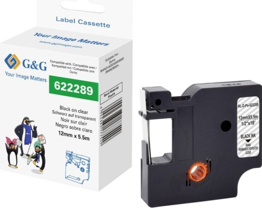 G&G Skriftbånd Polyester Båndfarve: Transparent Skriftfarve: Sort 12 Mm 5.5 M