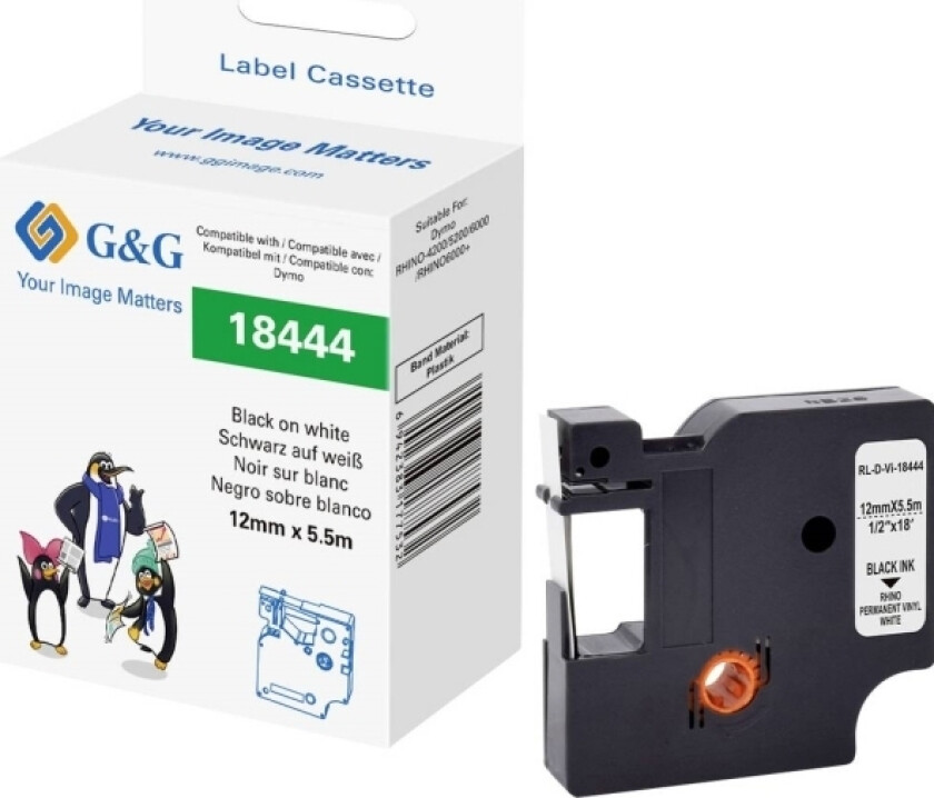 G&G Skriftbånd Vinyl Båndfarve: Hvid Skriftfarve: Sort 12 Mm 5.5 M