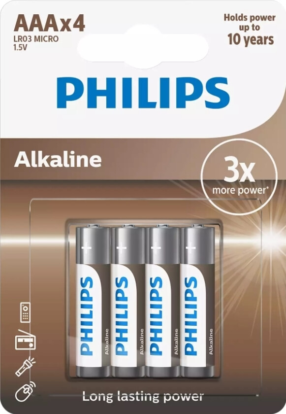 Lr03a4b/10, Engangsbatteri, Aaa, Alkalinsk, 1,5 V, 4 Stykker, 5 År
