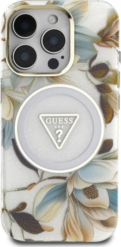 Case Guess Glitter Flowers Triangle Buttons Magsafe For Iphone 16 Pro Max White