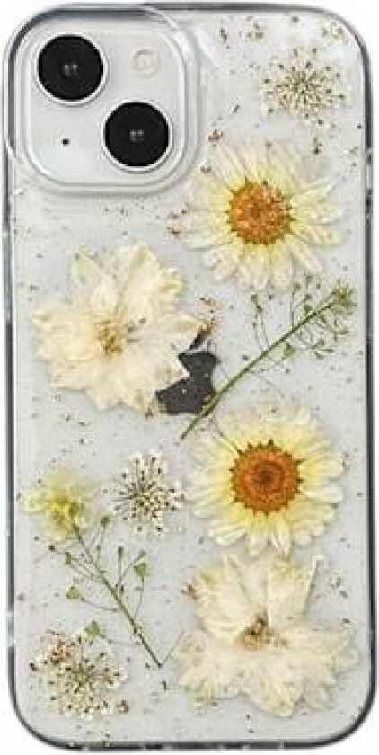 Klar mobildeksel for iPhone 16 Pro med trykte ekte blomsterdesign, glitrende søt hvit blomstermønster, tynn myk TPU beskyttende