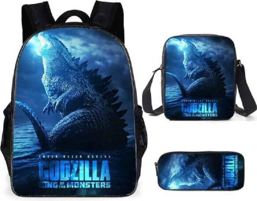 Godzilla Anime Ryggsekk, 3-delt Skolesekksett for Studenter, Tegneserie Design, WELLNGS