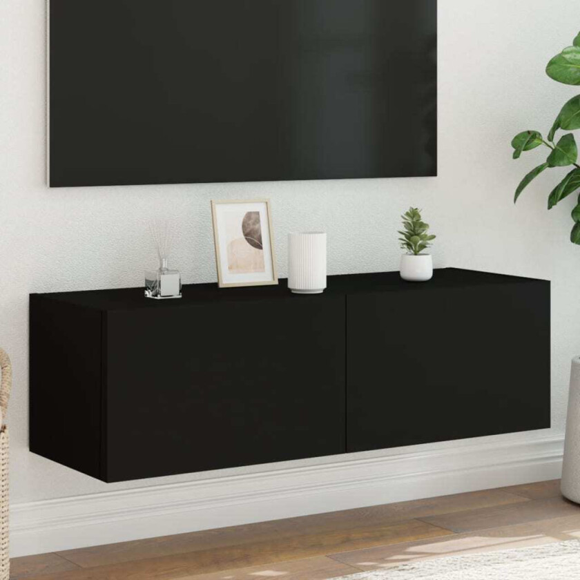 Vegghengt TV-benk med LED svart 100x35x31 cm