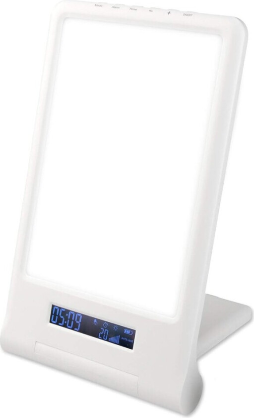 LED lysterapi lampe med timer/alarm - 18W, hvit/blå, 10.000 LUX, innebygd batteri