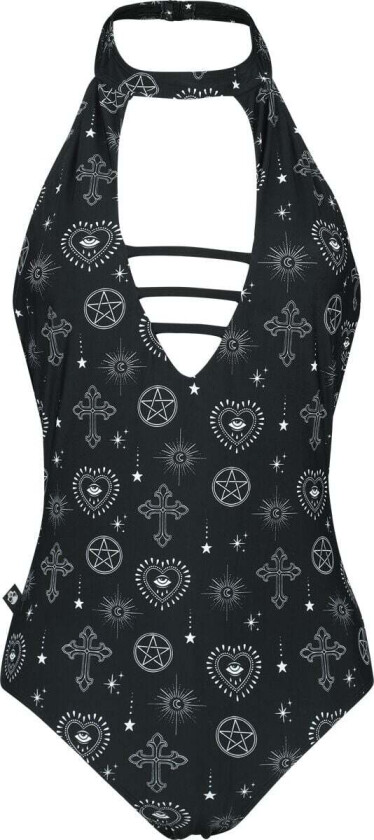Goth Badedrakt - Svømmedrakt med Nakkeholder og Mystiske Symboler - S til XXL - Damer - svart