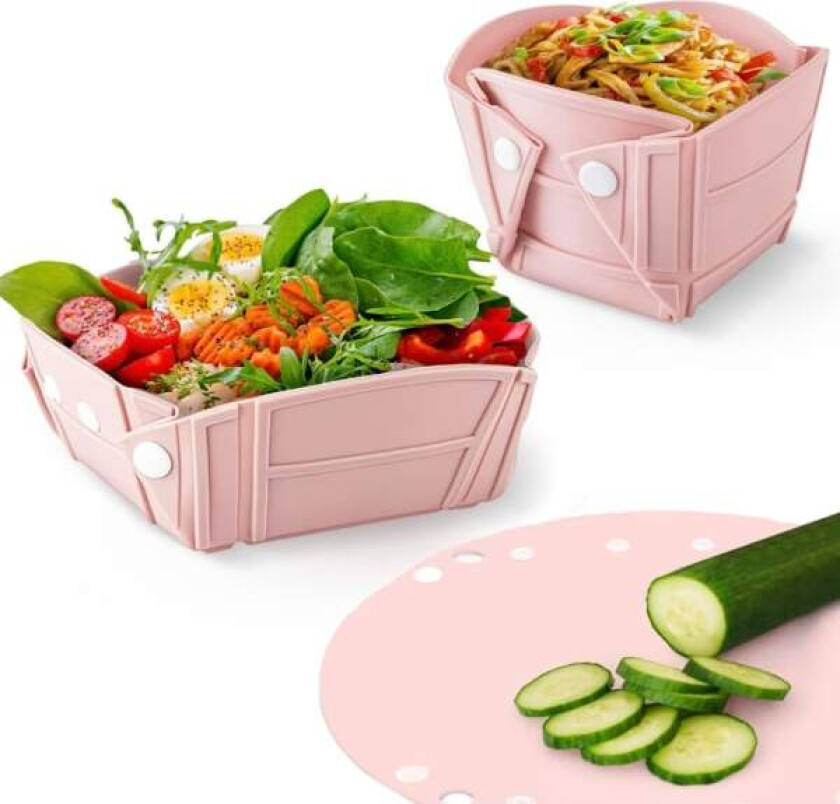 Multifunksjonell sammenleggbar silikonbolle, tallerken, kopp og skjærebrett for camping, fotturer, hjem, kontor og reise (rosa)